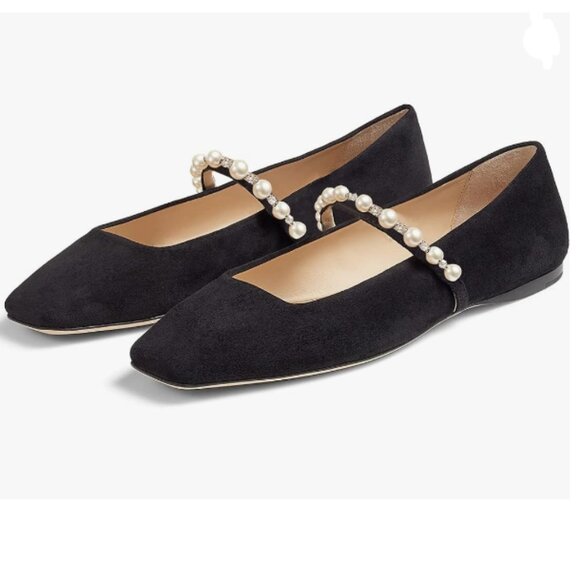 XYD Shoes - XYD Black Suede Bead Strap Ballet Flats Square Toe Mary Jane Slip On Dress Shoes